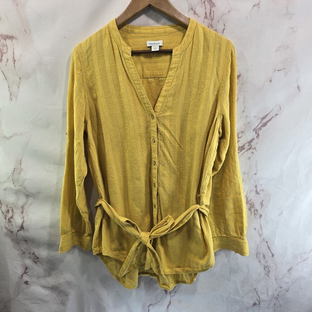 Sundance Shirt Womens Large Yellow Long Sleeve Button Up Bow Tie Notch